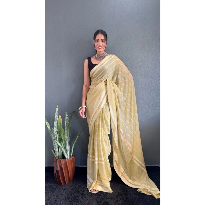 Women's Chiffon Striped Ready to wear Saree With Unstitched Blouse 5.5 Mtr (Yellow) Women's Chiffon Striped Ready to wear Saree With Unstitched Blouse 5.5 Mtr (Yellow)
