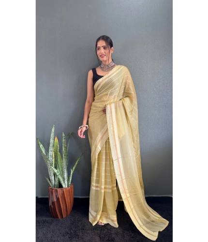 Generic Women's Chiffon Striped Ready to wear Saree With Unstitched Blouse 5.5 Mtr (Yellow)