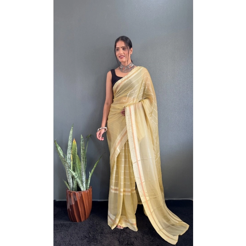 Women's Chiffon Striped Ready to wear Saree With Unstitched Blouse 5.5 Mtr (Yellow) Women's Chiffon Striped Ready to wear Saree With Unstitched Blouse 5.5 Mtr (Yellow)