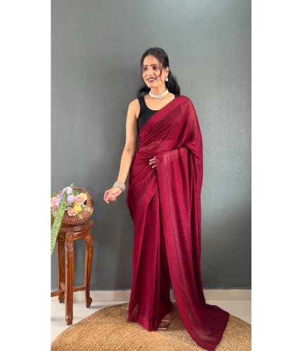 Generic Women's Chiffon Solid Ready to wear Saree With Unstitched Blouse 5.5 Mtr (Maroon)