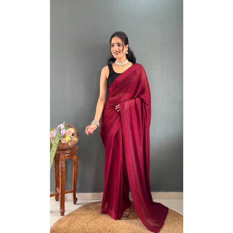 Women's Chiffon Solid Ready to wear Saree With Unstitched Blouse 5.5 Mtr (Maroon) Women's Chiffon Solid Ready to wear Saree With Unstitched Blouse 5.5 Mtr (Maroon)
