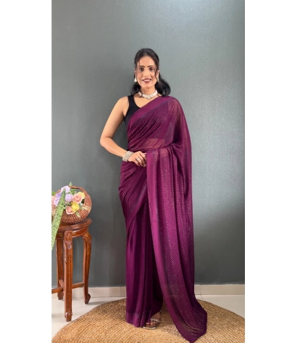 Generic Women's Chiffon Solid Ready to wear Saree With Unstitched Blouse 5.5 Mtr (Wine )
