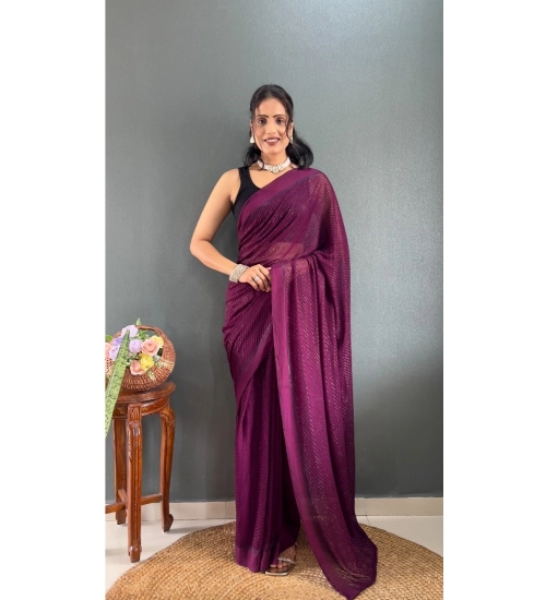 Generic Women's Chiffon Solid Ready to wear Saree With Unstitched Blouse 5.5 Mtr (Wine )