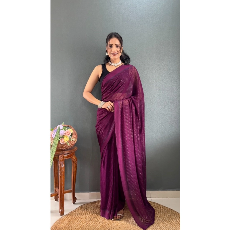 Women's Chiffon Solid Ready to wear Saree With Unstitched Blouse 5.5 Mtr (Wine ) Women's Chiffon Solid Ready to wear Saree With Unstitched Blouse 5.5 Mtr (Wine )