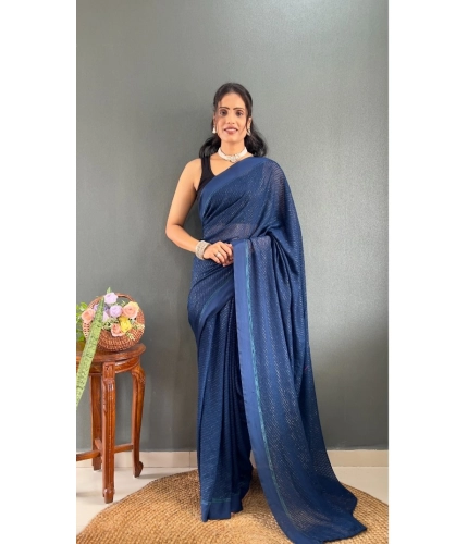 Generic Women's Chiffon Solid Ready to wear Saree With Unstitched Blouse 5.5 Mtr (Blue )