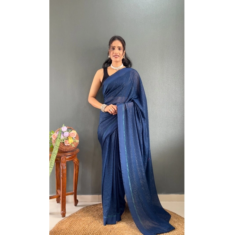 Women's Chiffon Solid Ready to wear Saree With Unstitched Blouse 5.5 Mtr (Blue ) Women's Chiffon Solid Ready to wear Saree With Unstitched Blouse 5.5 Mtr (Blue )