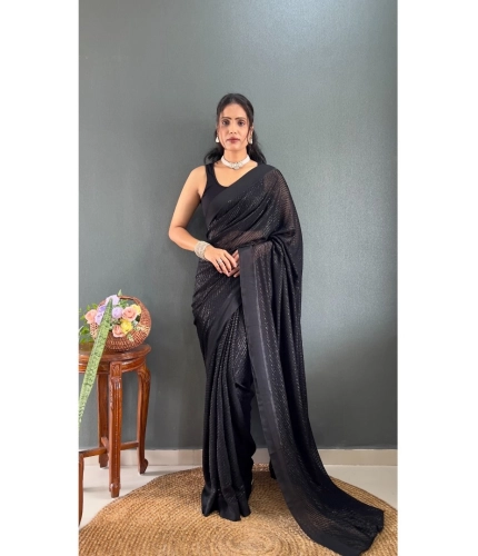 Generic Women's Chiffon Solid Ready to wear Saree With Unstitched Blouse 5.5 Mtr (Black )