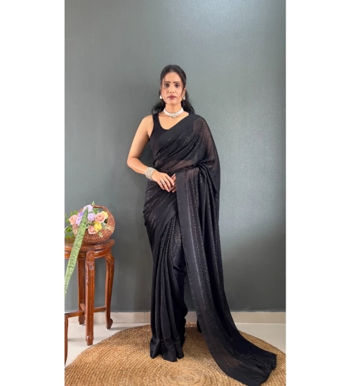 Generic Women's Chiffon Solid Ready to wear Saree With Unstitched Blouse 5.5 Mtr (Black )