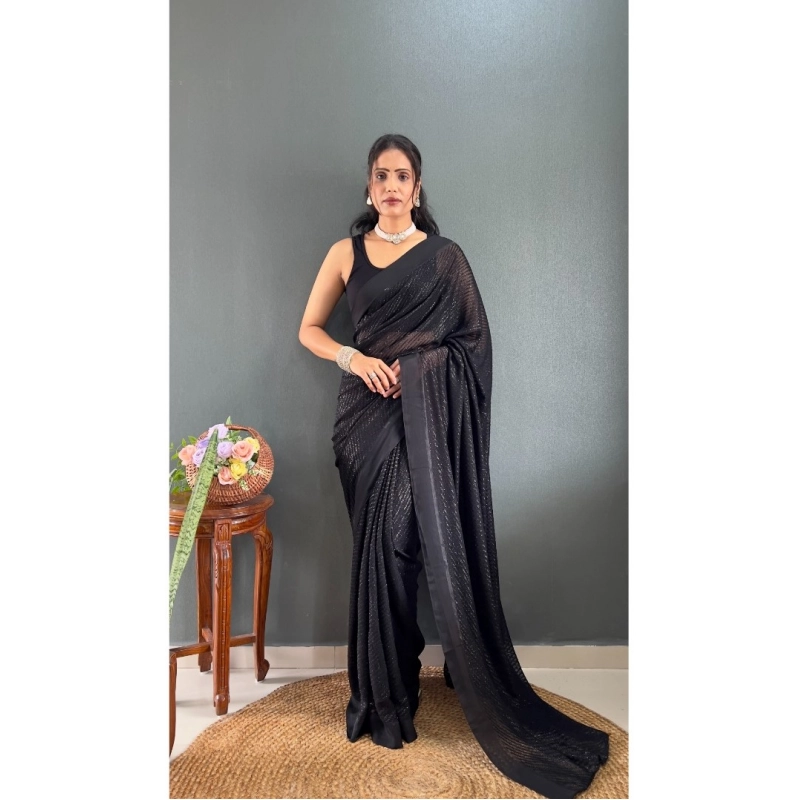 Women's Chiffon Solid Ready to wear Saree With Unstitched Blouse 5.5 Mtr (Black ) Women's Chiffon Solid Ready to wear Saree With Unstitched Blouse 5.5 Mtr (Black )