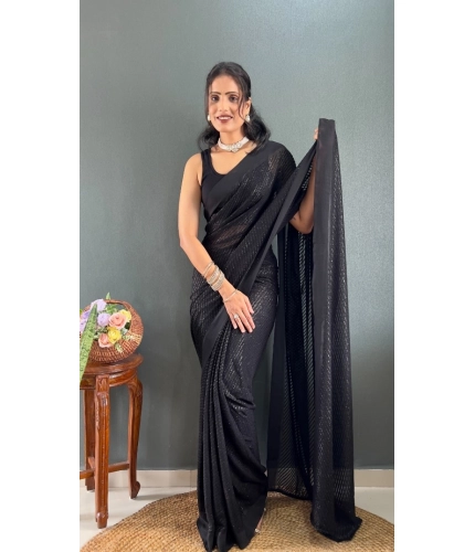 Generic Women's Chiffon Solid Ready to wear Saree With Unstitched Blouse 5.5 Mtr (Black )