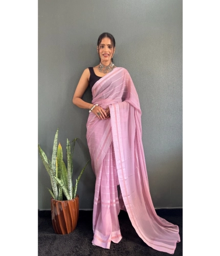 Generic Women's Chiffon Striped Ready to wear Saree With Unstitched Blouse 5.5 Mtr (Pink)