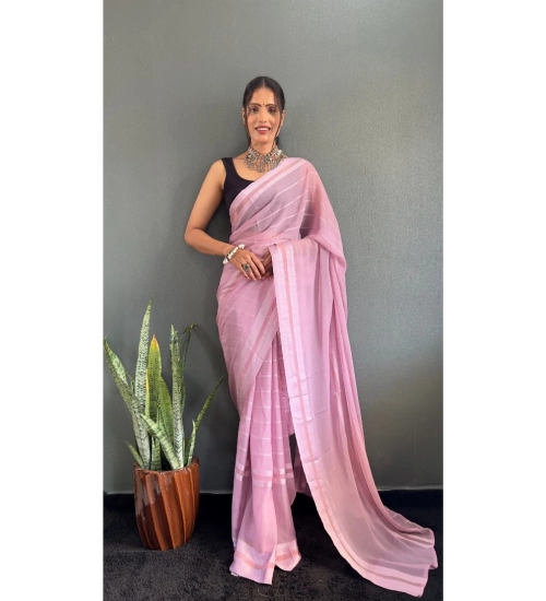 Generic Women's Chiffon Striped Ready to wear Saree With Unstitched Blouse 5.5 Mtr (Pink)