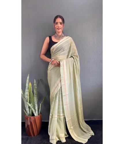 Generic Women's Chiffon Striped Ready to wear Saree With Unstitched Blouse 5.5 Mtr (Pista )