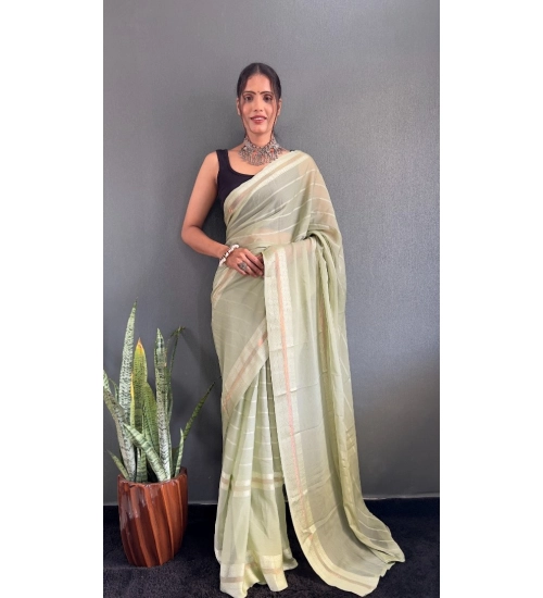 Generic Women's Chiffon Striped Ready to wear Saree With Unstitched Blouse 5.5 Mtr (Pista )