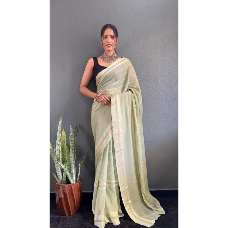 Women's Chiffon Striped Ready to wear Saree With Unstitched Blouse 5.5 Mtr (Pista ) Women's Chiffon Striped Ready to wear Saree With Unstitched Blouse 5.5 Mtr (Pista )