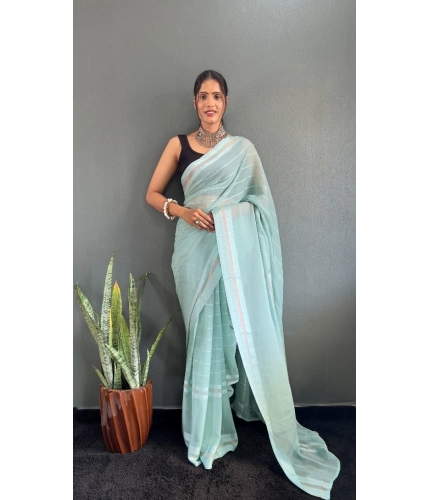 Generic Women's Chiffon Striped Ready to wear Saree With Unstitched Blouse 5.5 Mtr (Sky)