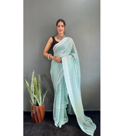Generic Women's Chiffon Striped Ready to wear Saree With Unstitched Blouse 5.5 Mtr (Sky)