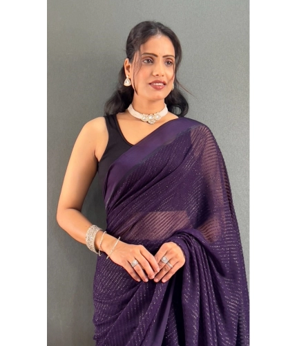 Generic Women's Chiffon Solid Ready to wear Saree With Unstitched Blouse 5.5 Mtr (Purple)