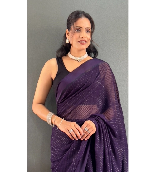 Generic Women's Chiffon Solid Ready to wear Saree With Unstitched Blouse 5.5 Mtr (Purple)