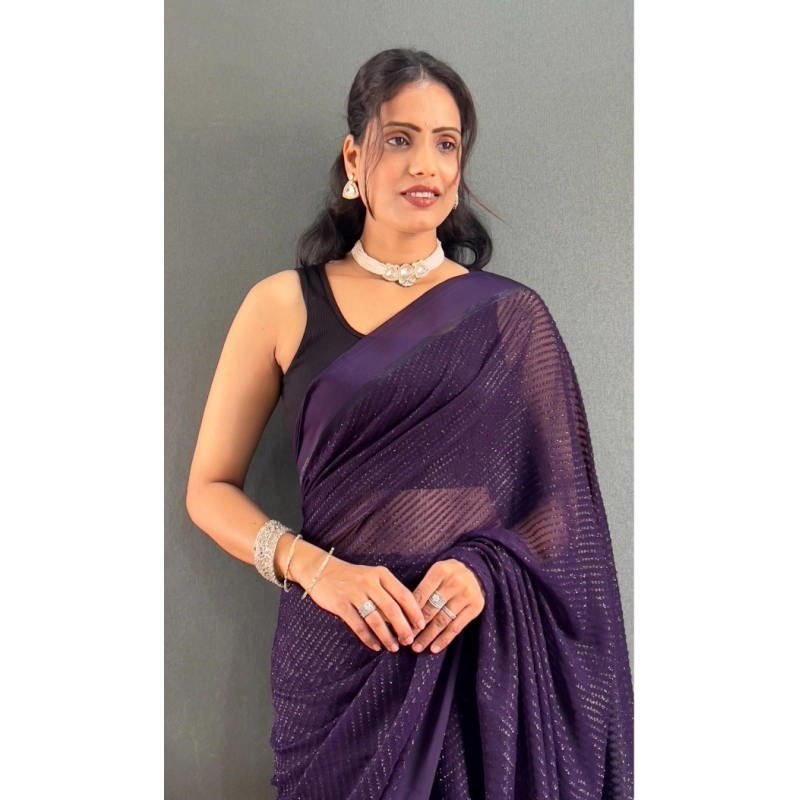 Women's Chiffon Solid Ready to wear Saree With Unstitched Blouse 5.5 Mtr (Purple) Women's Chiffon Solid Ready to wear Saree With Unstitched Blouse 5.5 Mtr (Purple)