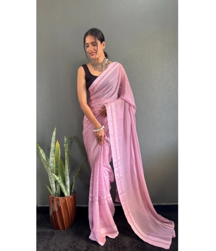 Generic Women's Chiffon Striped Ready to wear Saree With Unstitched Blouse 5.5 Mtr (Pink)