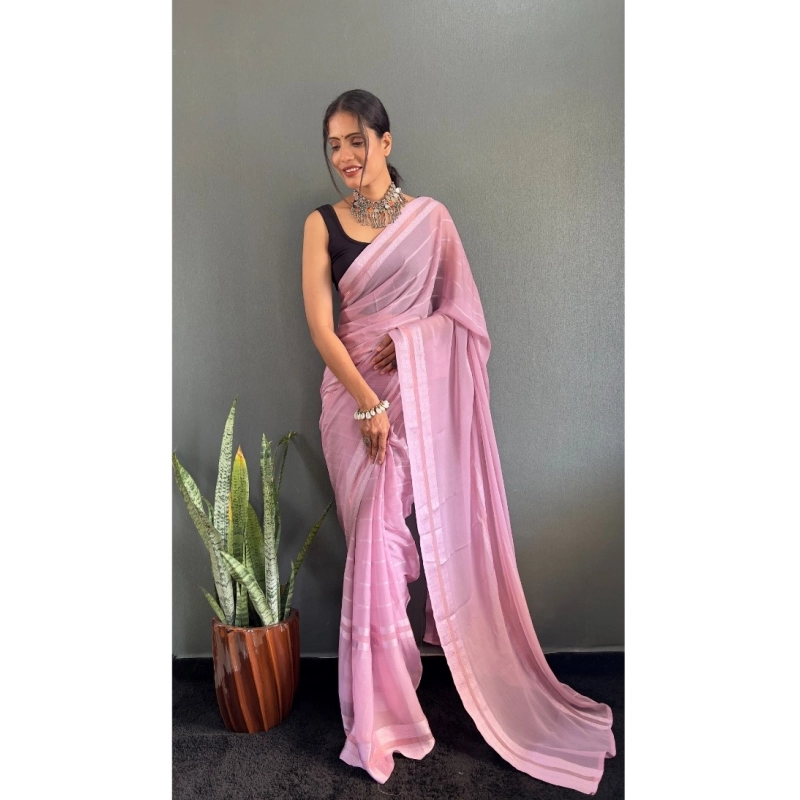 Women's Chiffon Striped Ready to wear Saree With Unstitched Blouse 5.5 Mtr (Pink) Women's Chiffon Striped Ready to wear Saree With Unstitched Blouse 5.5 Mtr (Pink)