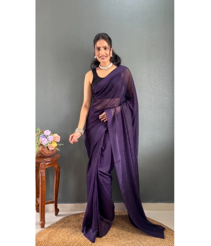 Generic Women's Chiffon Solid Ready to wear Saree With Unstitched Blouse 5.5 Mtr (Purple)