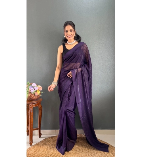 Generic Women's Chiffon Solid Ready to wear Saree With Unstitched Blouse 5.5 Mtr (Purple)