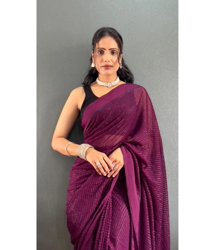 Generic Women's Chiffon Solid Ready to wear Saree With Unstitched Blouse 5.5 Mtr (Wine )