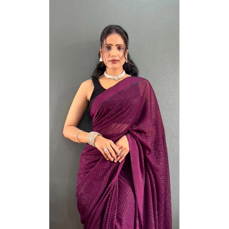 Women's Chiffon Solid Ready to wear Saree With Unstitched Blouse 5.5 Mtr (Wine ) Women's Chiffon Solid Ready to wear Saree With Unstitched Blouse 5.5 Mtr (Wine )