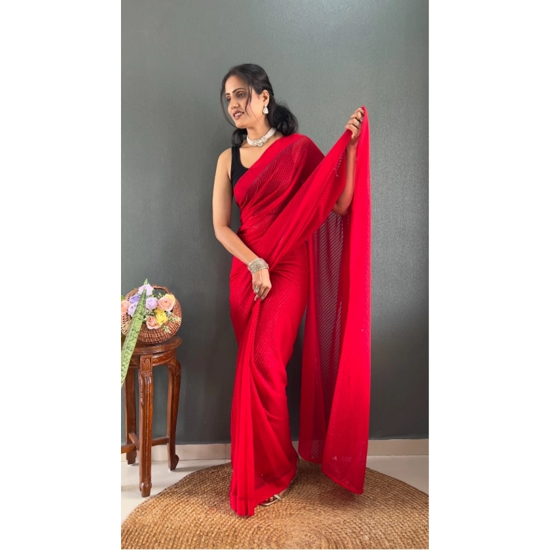 Women's Chiffon Solid Ready to wear Saree With Unstitched Blouse 5.5 Mtr (Red)