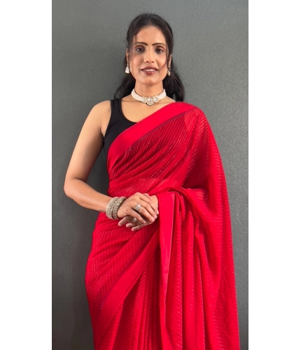 Generic Women's Chiffon Solid Ready to wear Saree With Unstitched Blouse 5.5 Mtr (Red)