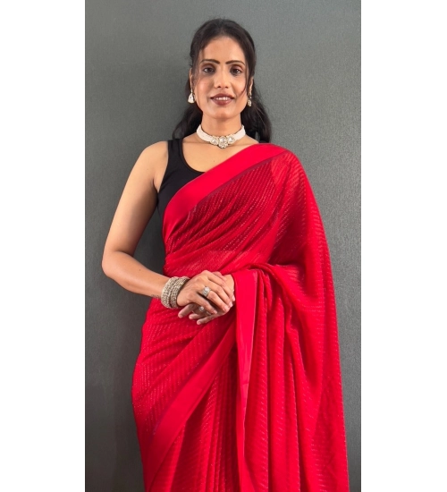 Generic Women's Chiffon Solid Ready to wear Saree With Unstitched Blouse 5.5 Mtr (Red)