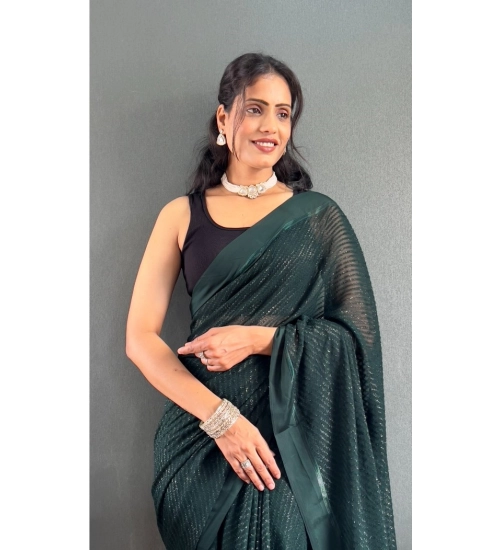 Generic Women's Chiffon Solid Ready to wear Saree With Unstitched Blouse 5.5 Mtr (Green )