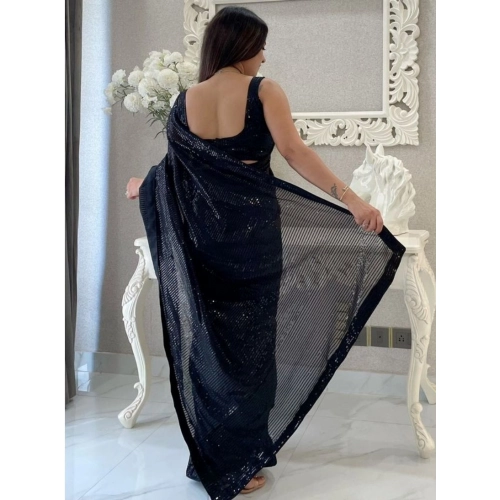 Women's Georgette Embellished Sequnece Bollywood Saree With Unstitched Blouse 5.5Mtr (Black)
