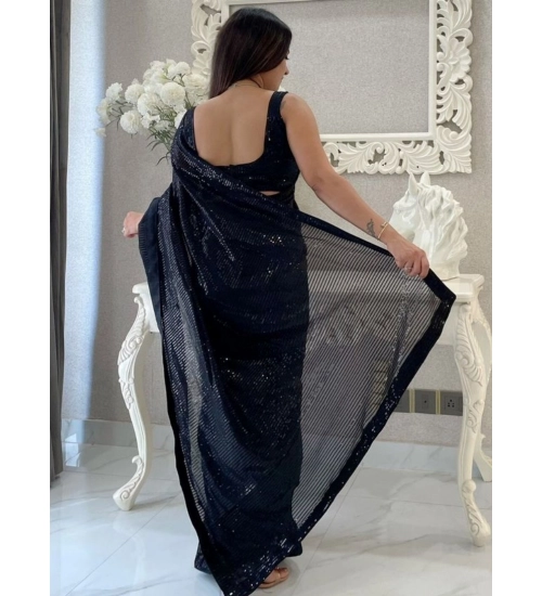 Generic Women's Georgette Embellished Sequnece Bollywood Saree With Unstitched Blouse 5.5Mtr (Black)