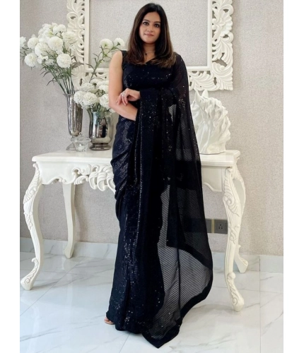 Generic Women's Georgette Embellished Sequnece Bollywood Saree With Unstitched Blouse 5.5Mtr (Black)