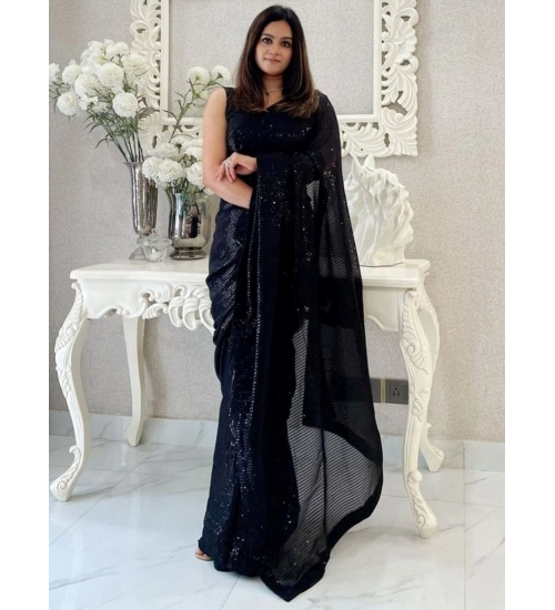 Generic Women's Georgette Embellished Sequnece Bollywood Saree With Unstitched Blouse 5.5Mtr (Black)