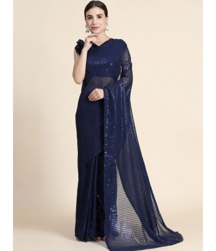 Generic Women's Georgette Embellished Sequnece Bollywood Saree With Unstitched Blouse 5.5Mtr (Blue)