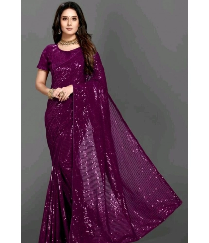Generic Women's Georgette Embellished Sequnece Bollywood Saree With Unstitched Blouse 5.5Mtr (Purple)