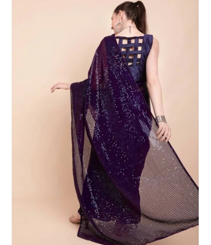 Generic Women's Georgette Embellished Sequnece Bollywood Saree With Unstitched Blouse 5.5Mtr (Purple)
