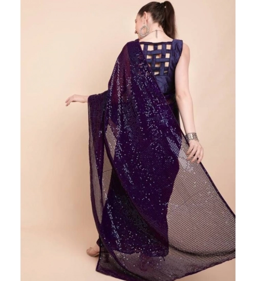 Generic Women's Georgette Embellished Sequnece Bollywood Saree With Unstitched Blouse 5.5Mtr (Purple)