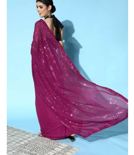 Generic Women's Georgette Embellished Sequnece Bollywood Saree With Unstitched Blouse 5.5Mtr (Wine)