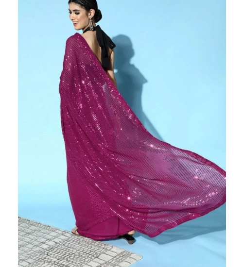 Generic Women's Georgette Embellished Sequnece Bollywood Saree With Unstitched Blouse 5.5Mtr (Wine)