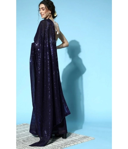 Generic Women's Georgette Embellished Sequnece Bollywood Saree With Unstitched Blouse 5.5Mtr (Blue)