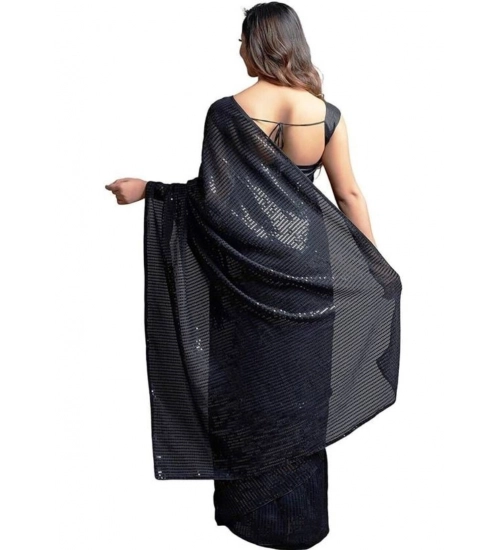 Generic Women's Georgette Embellished Sequnece Bollywood Saree With Unstitched Blouse 5.5Mtr (Black)