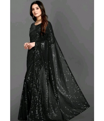 Generic Women's Georgette Embellished Sequnece Bollywood Saree With Unstitched Blouse 5.5Mtr (Black)
