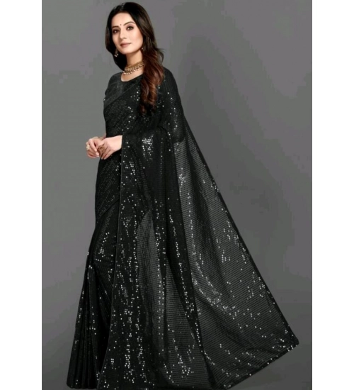 Generic Women's Georgette Embellished Sequnece Bollywood Saree With Unstitched Blouse 5.5Mtr (Black)