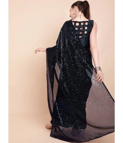 Generic Women's Georgette Embellished Sequnece Bollywood Saree With Unstitched Blouse 5.5Mtr (Black)