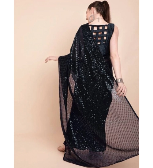 Generic Women's Georgette Embellished Sequnece Bollywood Saree With Unstitched Blouse 5.5Mtr (Black)